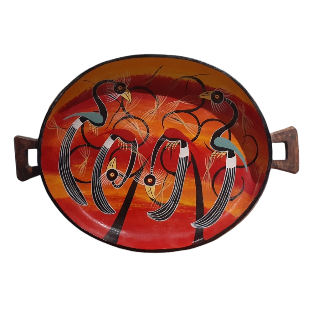 Handcrafted Carved Burned Painted Wood Tray / Decor